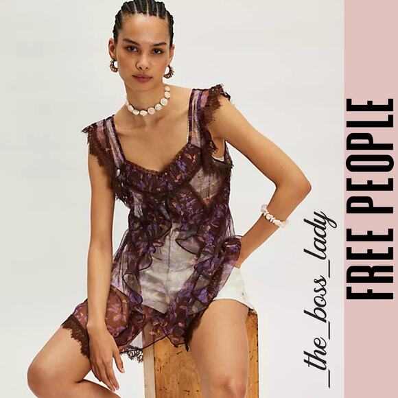 Free People Tops - Free People tunic top floral lace sheer ruffled boho mesh top Large
